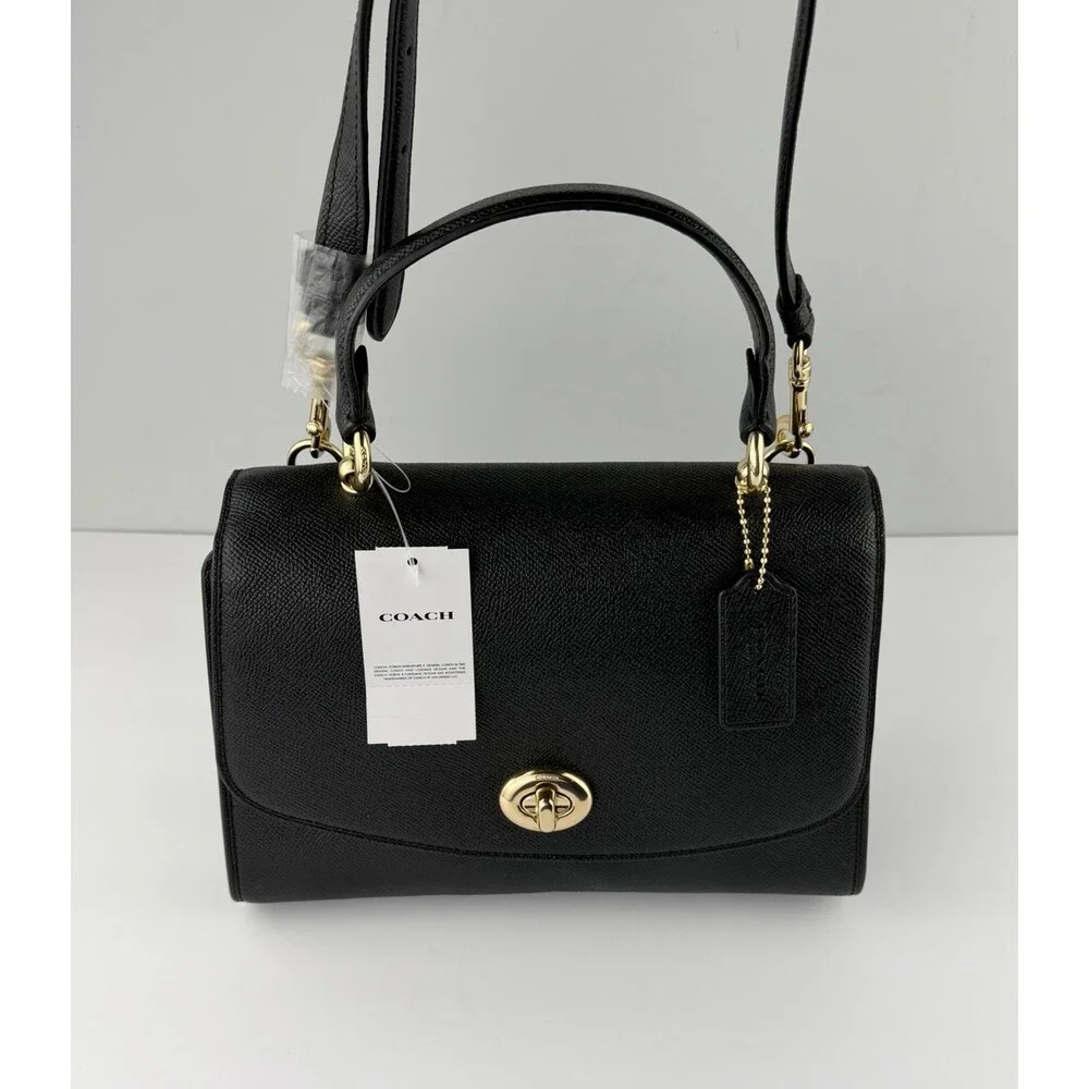 COACH Tilly Crossbody Top Handle Twist Lock Black Gold Leather Bag F76618 - $398